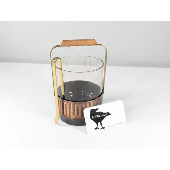 Small MCM ice bucket, Scandi style brass copper smoky glass with original brass - Picture 3 of 8